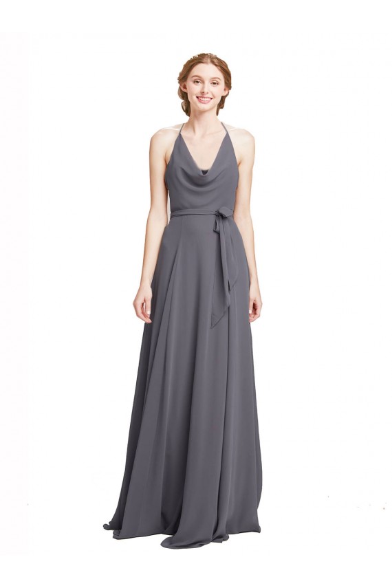 Soft Chiffon Spaghetti Straps Sleeveless Slate Grey Long Bridesmaid Dress Kent