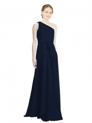 Chiffon One Shoulder Sleeveless Dark Navy Long Bridesmaid Dress / Evening Dress Kent
