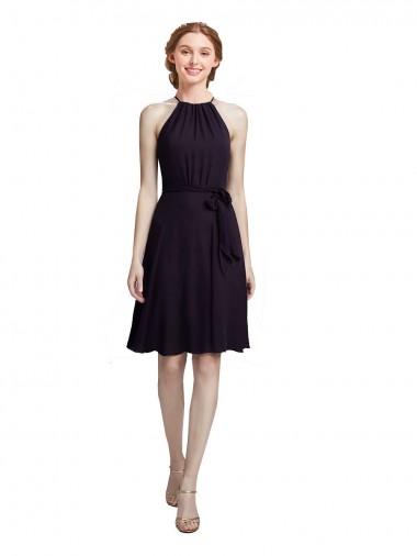 Soft Chiffon Halter Neck Sleeveless Grape Knee Length Bridesmaid Dress Kent