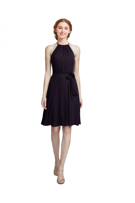 Soft Chiffon Halter Neck Sleeveless Grape Knee Length Bridesmaid Dress Kent