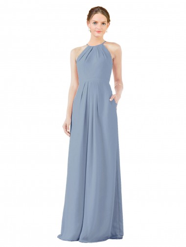 Soft Chiffon Halter Neck Sleeveless Keyhole Back Dusty Blue Long Bridesmaid Dress Kent