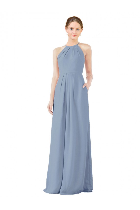 Soft Chiffon Halter Neck Sleeveless Keyhole Back Dusty Blue Long Bridesmaid Dress Kent