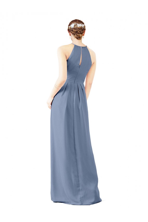 Soft Chiffon Halter Neck Sleeveless Keyhole Back Dusty Blue Long Bridesmaid Dress Kent