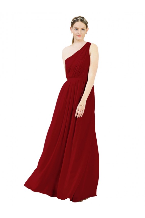 Chiffon One Shoulder Sleeveless Burgundy Long Bridal Party Dress / Evening Dress Kent
