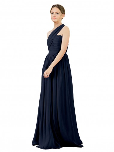 Chiffon One Shoulder Sleeveless Dark Navy Long Bridal Party Dress / Evening Dress Kent