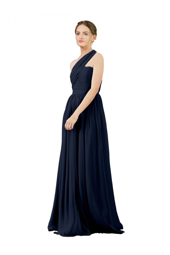 Chiffon One Shoulder Sleeveless Dark Navy Long Bridal Party Dress / Evening Dress Kent