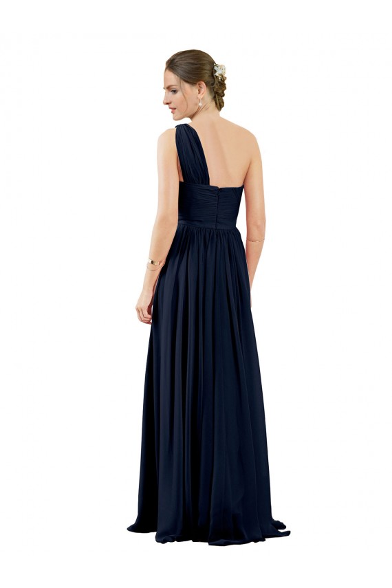 Chiffon One Shoulder Sleeveless Dark Navy Long Bridal Party Dress / Evening Dress Kent