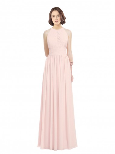 Soft Chiffon Halter Neck Sleeveless Keyhole Back Pink Long Bridesmaid Dress Kent