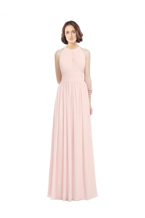 Soft Chiffon Halter Neck Sleeveless Keyhole Back Pink Long Bridesmaid Dress Kent