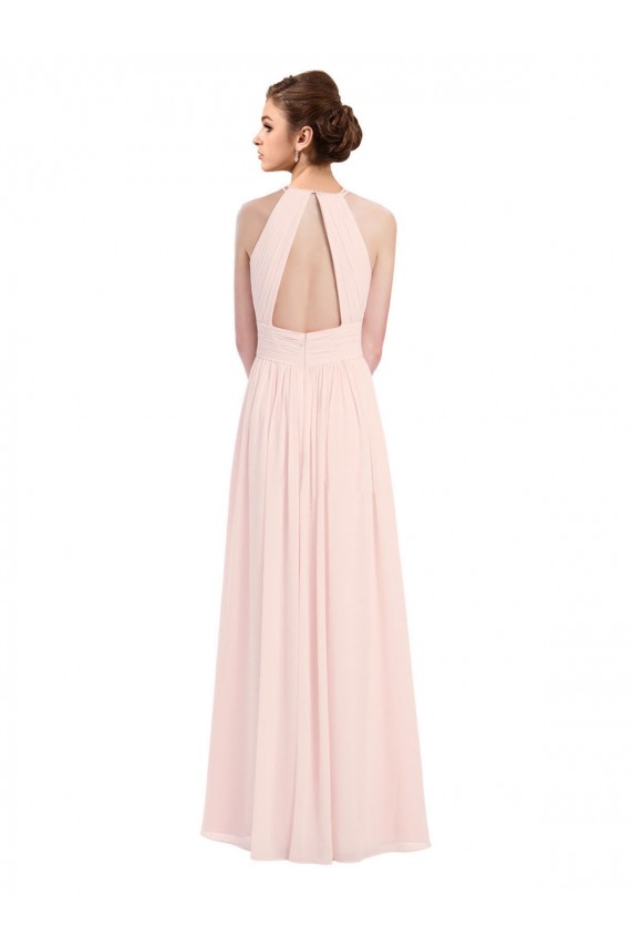 Soft Chiffon Halter Neck Sleeveless Keyhole Back Pink Long Bridesmaid Dress Kent