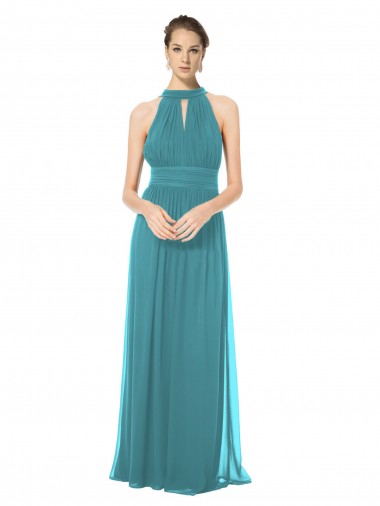 Soft Chiffon Halter Neck Sleeveless Keyhole Back Hunter Long Bridesmaid Dress Kent