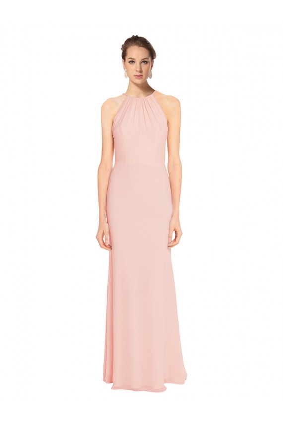 Chiffon Spaghetti Straps Sleeveless Pink Long Bridesmaid Dress Kent