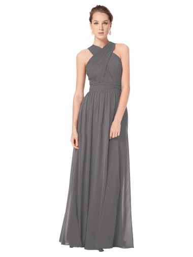 Soft Chiffon Halter Neck Sleeveless Keyhole Back Stormy Silver Long Bridesmaid Dress Kent