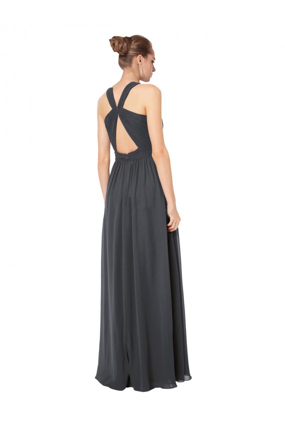 Soft Chiffon Halter Neck Sleeveless Keyhole Back Stormy Silver Long Bridesmaid Dress Kent