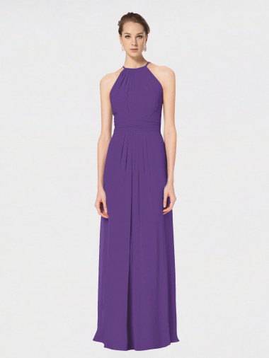 Soft Chiffon Spaghetti Straps Sleeveless Open Back Plum Purple Long Bridesmaid Dress Kent