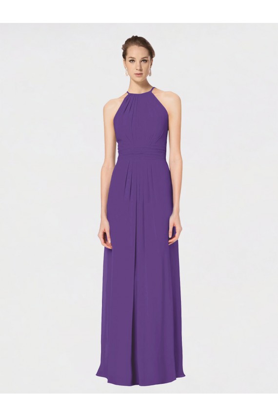 Soft Chiffon Spaghetti Straps Sleeveless Open Back Plum Purple Long Bridesmaid Dress Kent