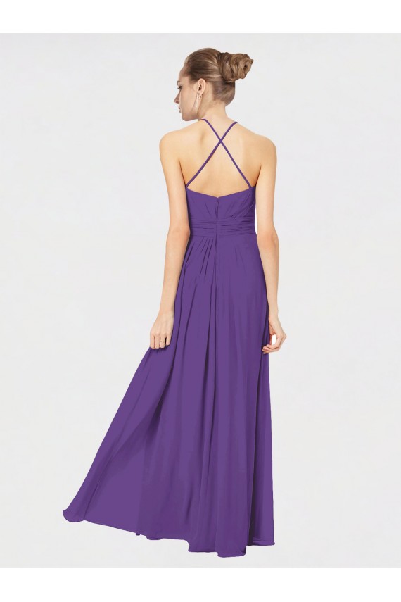 Soft Chiffon Spaghetti Straps Sleeveless Open Back Plum Purple Long Bridesmaid Dress Kent