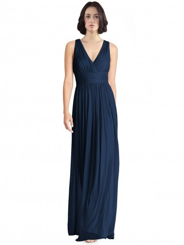 Chiffon V-Neck Sleeveless Dark Navy Long Floor Length Bridesmaid Dress Kent