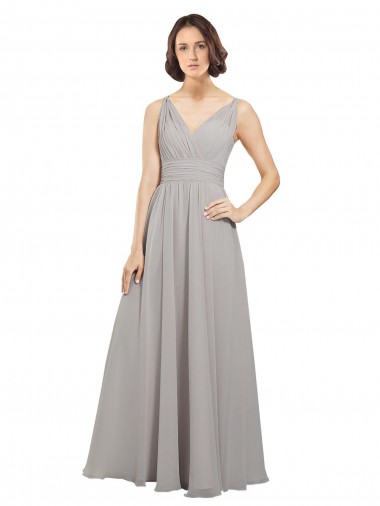 Soft Chiffon V-Neck Sleeveless V-Back Oyster Silver Long Bridesmaid Dress Kent