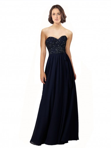 Soft Chiffon Sweetheart Sleeveless Dark Navy Long Bridesmaid Dress / Formal Dress Kent