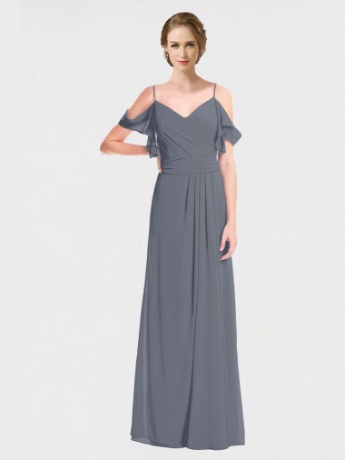 Soft Chiffon Off the Shoulder Flutter Sleeves V-Back Long Bridesmaid Dress Kent