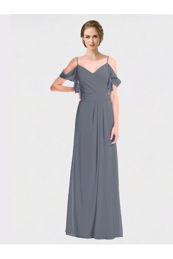 Soft Chiffon Off the Shoulder Flutter Sleeves V-Back Long Bridesmaid Dress Kent