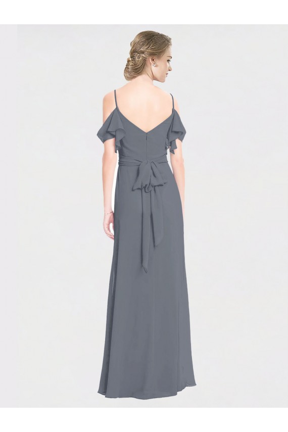 Soft Chiffon Off the Shoulder Flutter Sleeves V-Back Long Bridesmaid Dress Kent