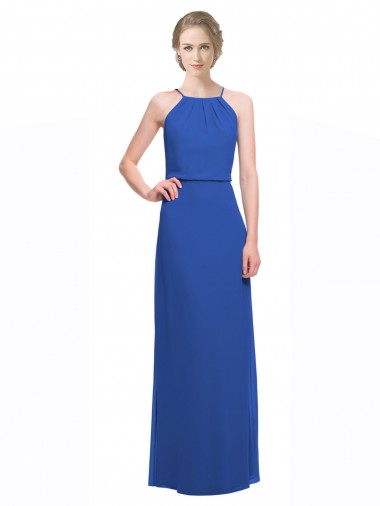 Soft Chiffon Spaghetti Straps Sleeveless Low Back Blue Long Bridesmaid Dress Kent