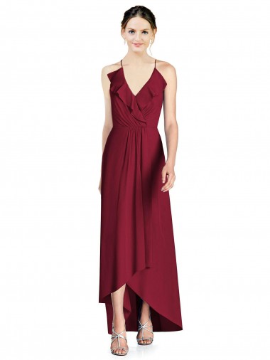 Soft Chiffon Spaghetti Straps Sleeveless Open Back Burgundy Long High Low Bridesmaid Dress Kent