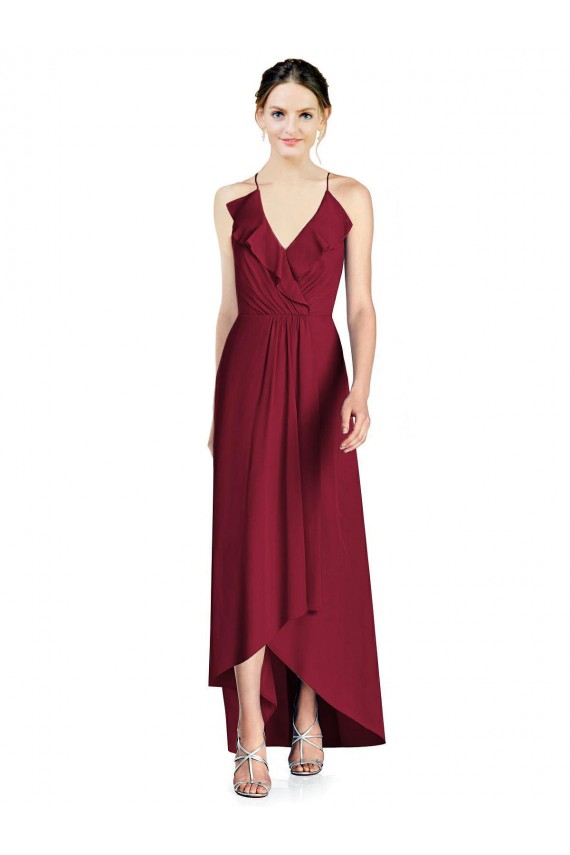 Soft Chiffon Spaghetti Straps Sleeveless Open Back Burgundy Long High Low Bridesmaid Dress Kent