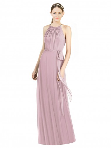 Soft Chiffon Halter Neck Sleeveless Primrose Long Bridesmaid Dress Kent