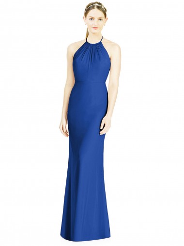 Soft Chiffon Halter Neck Sleeveless Open Back Royal Blue Long Bridesmaid Dress Kent
