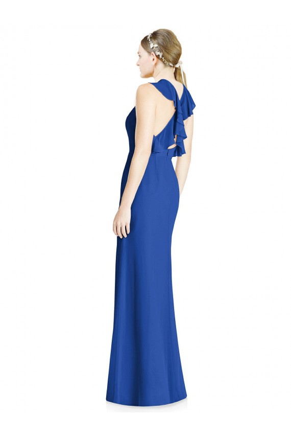 Soft Chiffon Halter Neck Sleeveless Open Back Royal Blue Long Bridesmaid Dress Kent