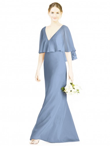 Soft Chiffon V-Neck Sleeveless Dusty Blue Long Bridesmaid Dress Kent