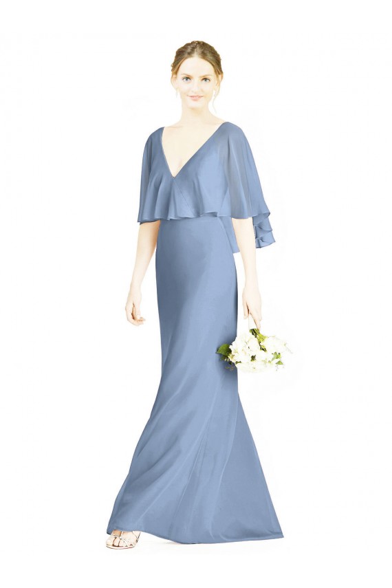 Soft Chiffon V-Neck Sleeveless Dusty Blue Long Bridesmaid Dress Kent