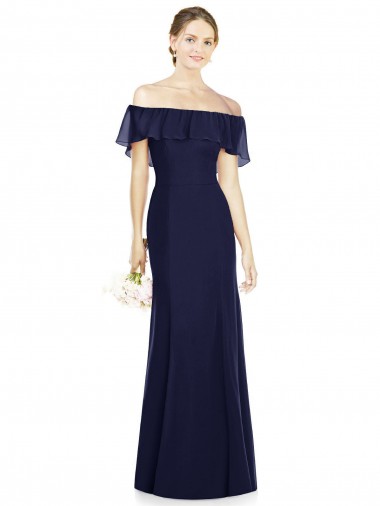Soft Chiffon Off the Shoulder Sleeveless Dark Navy Long Bridesmaid Dress Kent