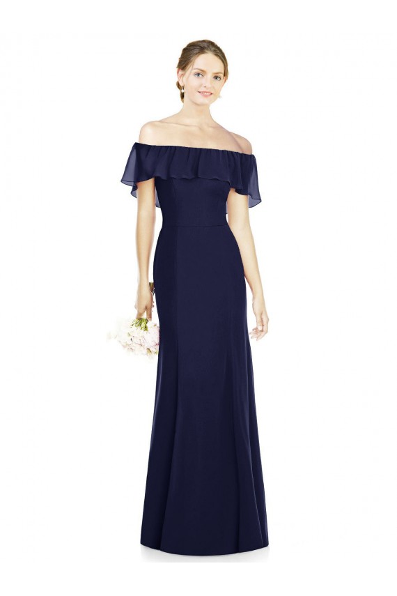 Soft Chiffon Off the Shoulder Sleeveless Dark Navy Long Bridesmaid Dress Kent