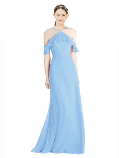 Soft Chiffon Halter Neck Cold Shoulder Low Back Long Formal Dress / Bridesmaid Dress Kent