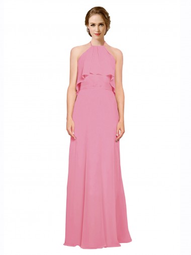 Soft Chiffon Halter Neck Sleeveless Low Back Skin Pink Long Bridesmaid Dress Kent