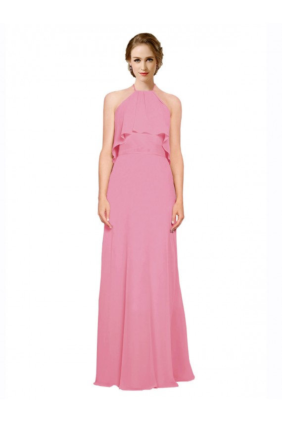Soft Chiffon Halter Neck Sleeveless Low Back Skin Pink Long Bridesmaid Dress Kent