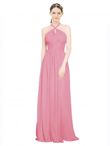 Chiffon Halter Neck Sleeveless Skin Pink Long Bridesmaid Dress / Evening Dress Kent