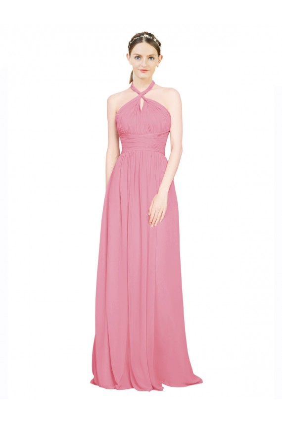 Chiffon Halter Neck Sleeveless Skin Pink Long Bridesmaid Dress / Evening Dress Kent