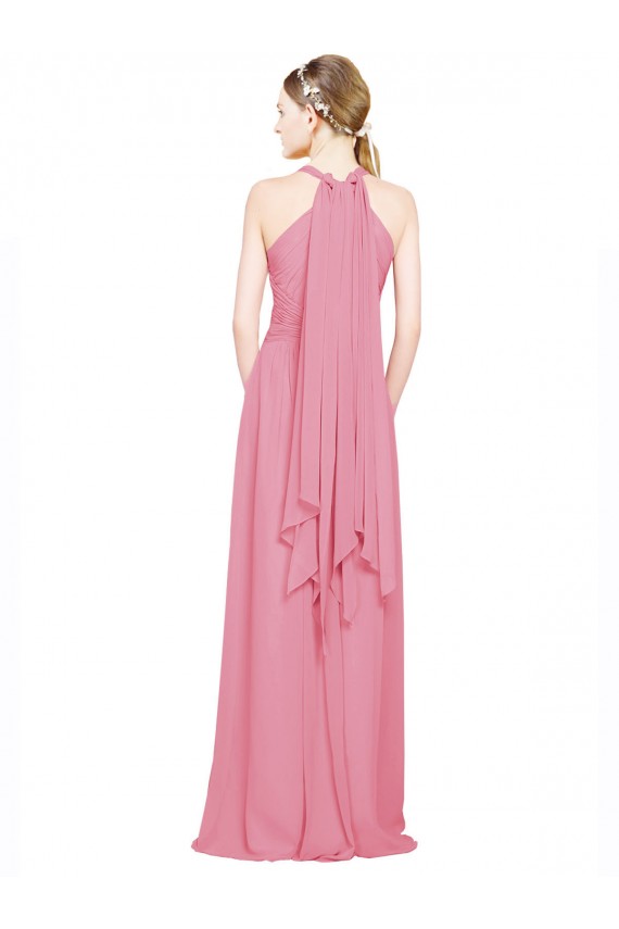 Chiffon Halter Neck Sleeveless Skin Pink Long Bridesmaid Dress / Evening Dress Kent
