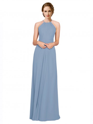 Chiffon Halter Neck Sleeveless Open Back Dusty Blue Long Bridesmaid Dress / Evening Dress Kent