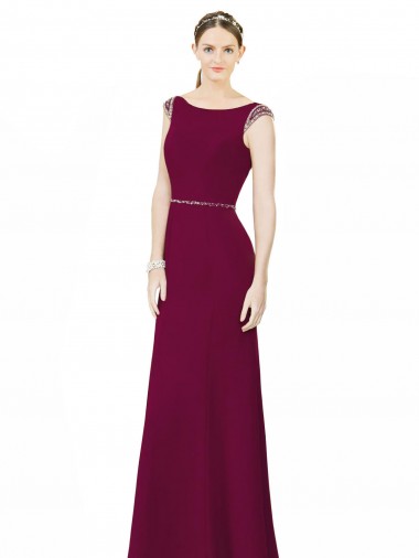 Soft Chiffon Boat Neck Sleeveless Low Back Burgundy Long Bridesmaid Dress Kent