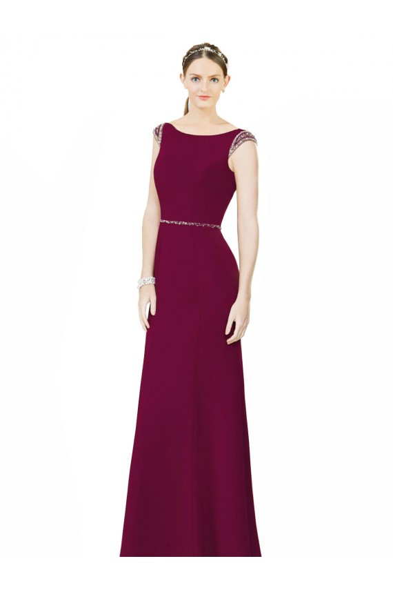 Soft Chiffon Boat Neck Sleeveless Low Back Burgundy Long Bridesmaid Dress Kent