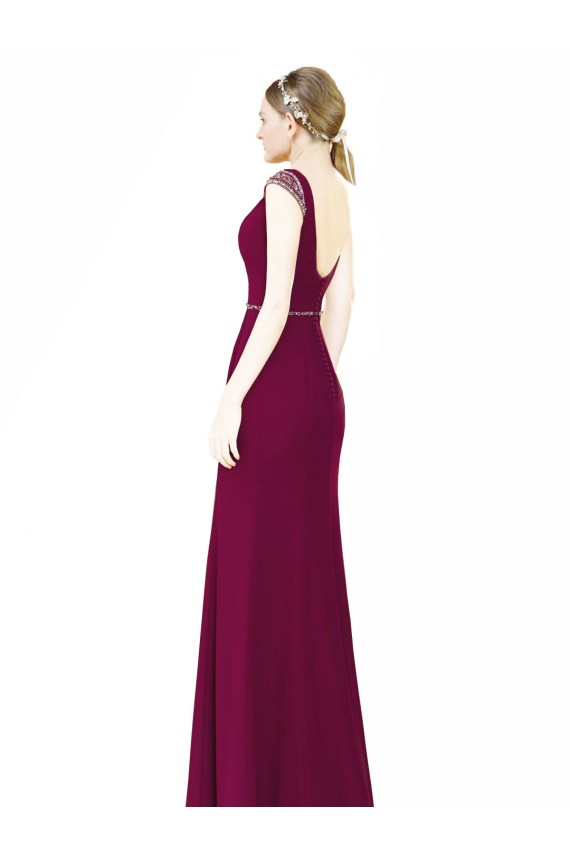 Soft Chiffon Boat Neck Sleeveless Low Back Burgundy Long Bridesmaid Dress Kent