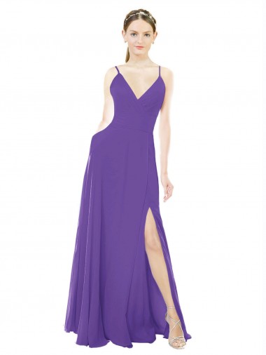 Soft Chiffon Spaghetti Straps Sleeveless Purple Long Bridesmaid Dress Kent