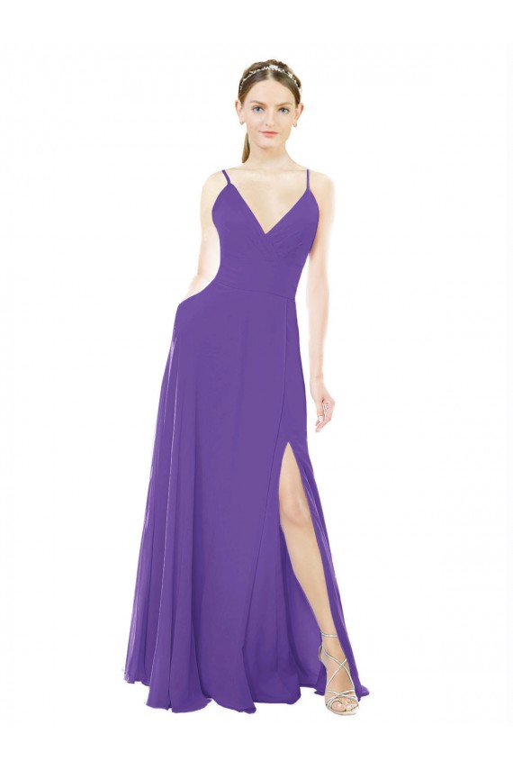 Soft Chiffon Spaghetti Straps Sleeveless Purple Long Bridesmaid Dress Kent