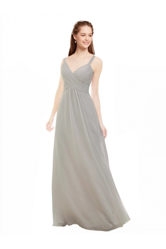 Soft Chiffon Spaghetti Straps Sleeveless Open Back Silver Long Bridesmaid Dress Kent